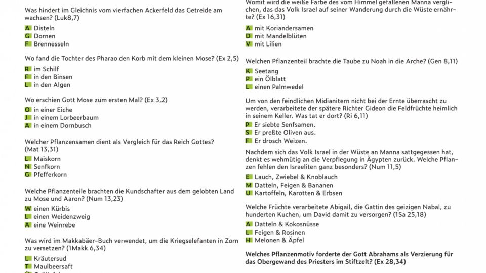 Materialblatt mit dem Bibelquiz zum Thema "Pflanzen in der Bibel"