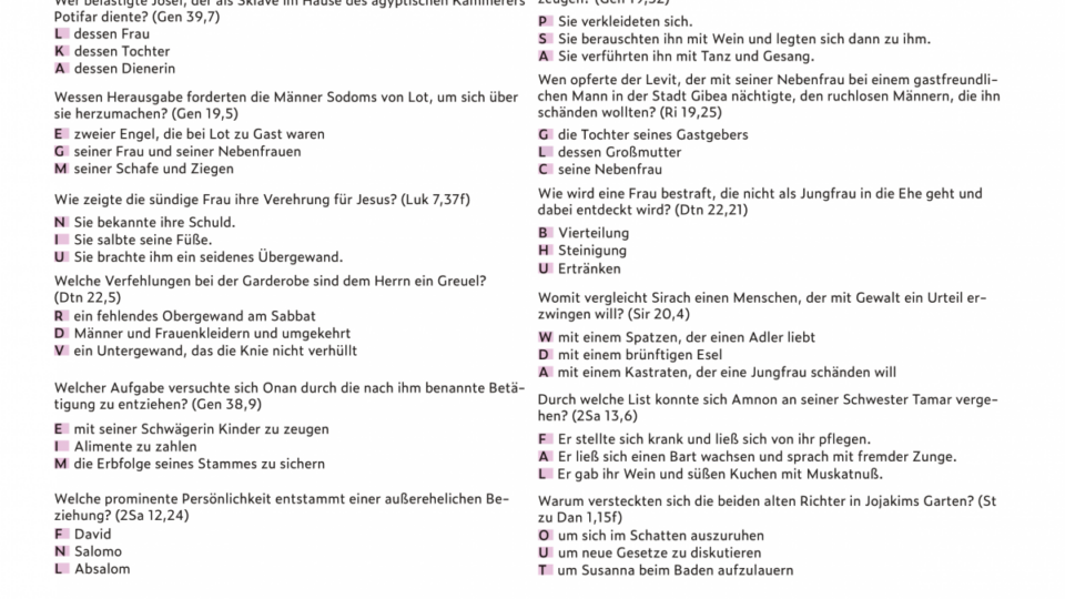 Materialblatt mit dem Bibelquiz zum Thema Sexualdelikte in der Bibel
