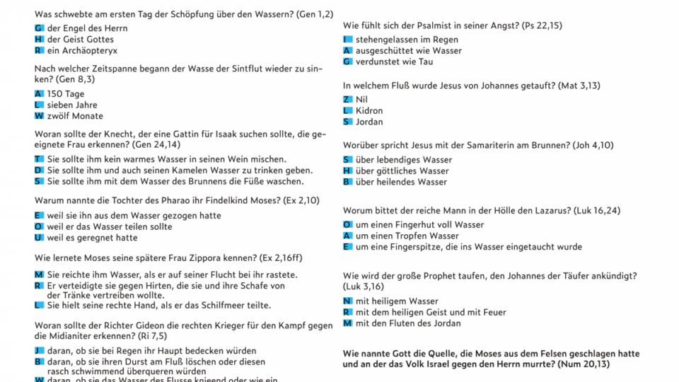 Materialblatt zum Bibelquiz "Wasser in der Bibel"