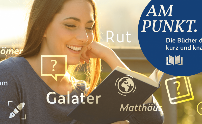 Header des neuen Bibelkurses "Am Punkt" mit einer Frau, die in der Bibel liest, und dem Logo